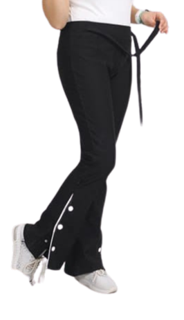 Woman wearing a white top and black pants on a white background