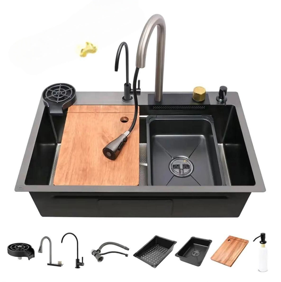 حوض مطبخ سمارت هاند ميد مقاس 75 × 46 سم بخلاط شداد 3 نظام وخلاط شلال وحنفية فلتر ومغسلة أكواب وضاغط صابون وقورمة و 2 سلة بمجموعة الصرف اللون اسود
