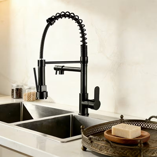 خلاط مطبخ عصري بممسحة رش قابلة للسحب لأسفل، ومقبض واحد، وتصميم قوس مرتفع للاستخدام ، مع فوهة مياه تلسكوبية عالمية مضادة للرذاذ بزاوية 360 درجة باللون الأسود المطفي