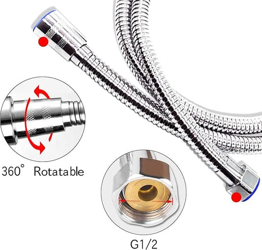 خرطوم دش للاستحمام بطول 1.5 متر مصنوع من الستانلس ستيل مع وصلة عالمية G1/2، يتضمن مانعات تسريب مع تصميم مرن ومقاوم للالتواء.