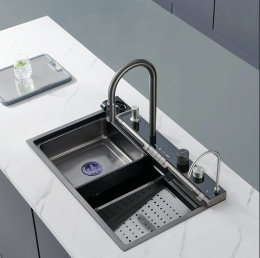 حوض مطبخ سمارت ديجيتال 7 ازرار بخلاط شداد 3 نظام و 2 خلاط شلال بحنفية فلتر بالصرف 3 بوصة اللون رمادى