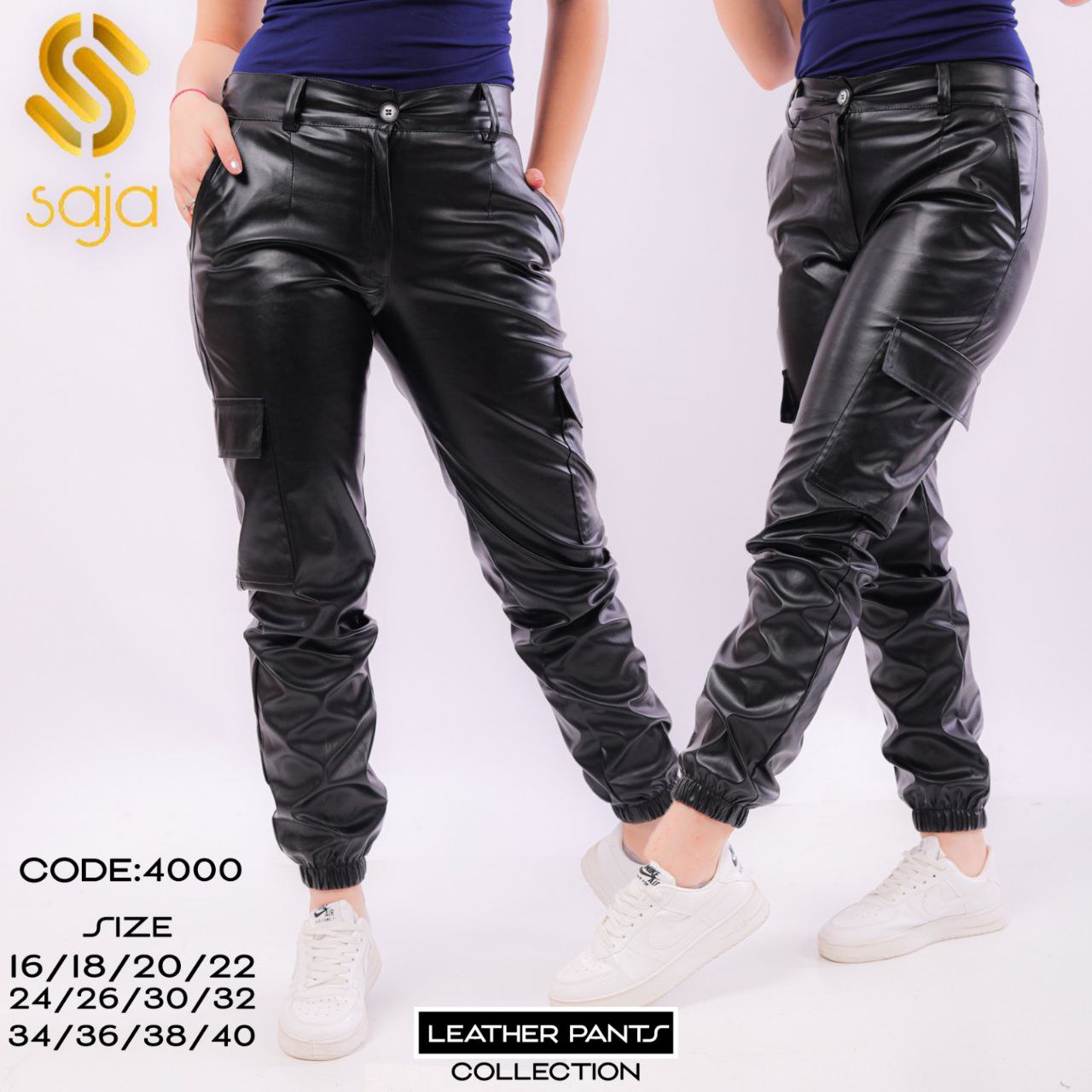 بنطلون كارجو جلد صناعي أسود لامع من اورا