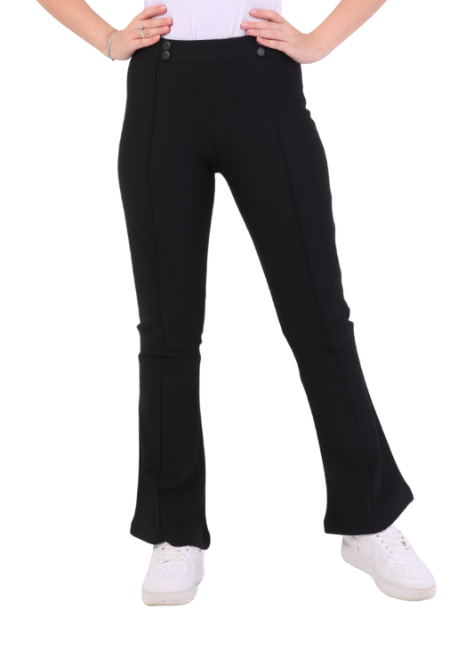 Person wearing a white sleeveless top and black pants on a white background