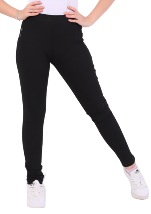 Person wearing a white sleeveless top and black leggings on a white background