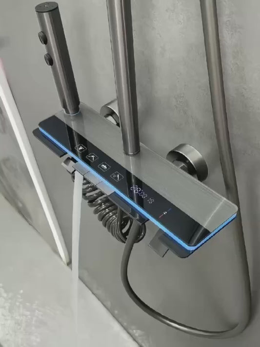 خلاط دش بيانو 2 في 1 مع رف زجاجي – نظام تحكم بأربع وظائف (دش مطري، سماعة يد، صنبور، شطاف) – لون رمادي معدني فاخر