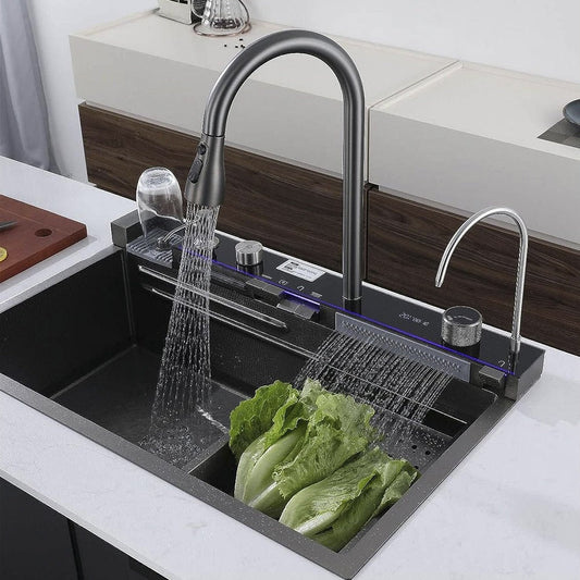 حوض مطبخ سمارت  عدد 5 زرار مقاس 75 × 46 سم بخلاط شداد و خلاط شلال و قورمة و ضاغط صابون و مغسلة أكواب و حنفية فلتر و الصرف